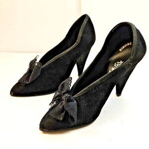 Vintage Rush Hour Black Suede  Heels Women's Size 5 Brocade Lace Bow Pointed Toe